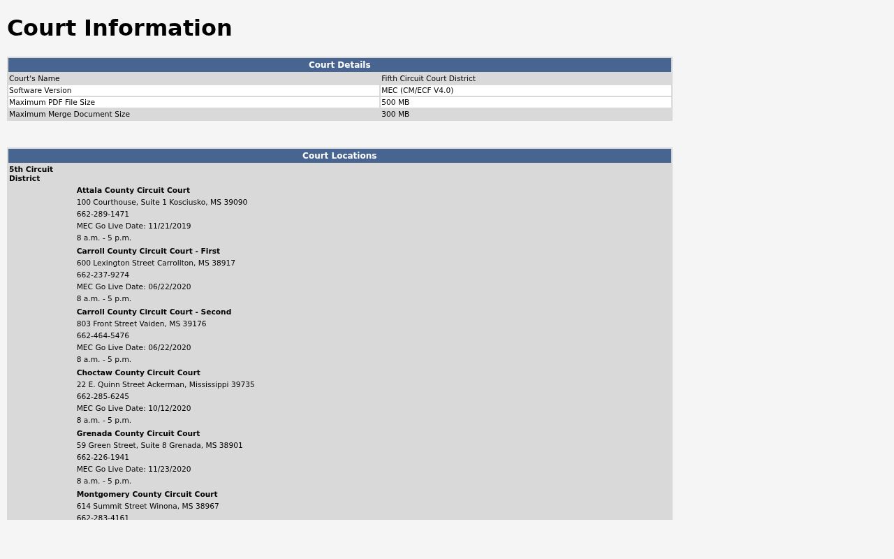 Fifth Circuit court information and Webster County docket labels