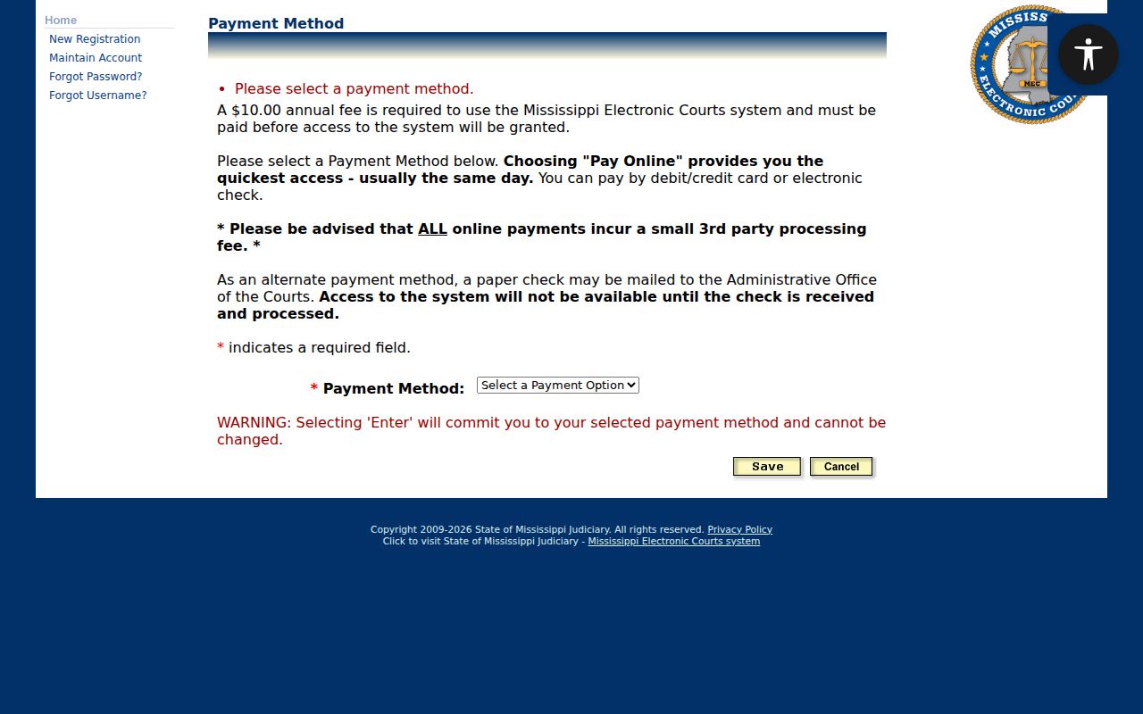 PAMEC payment method and access fee information