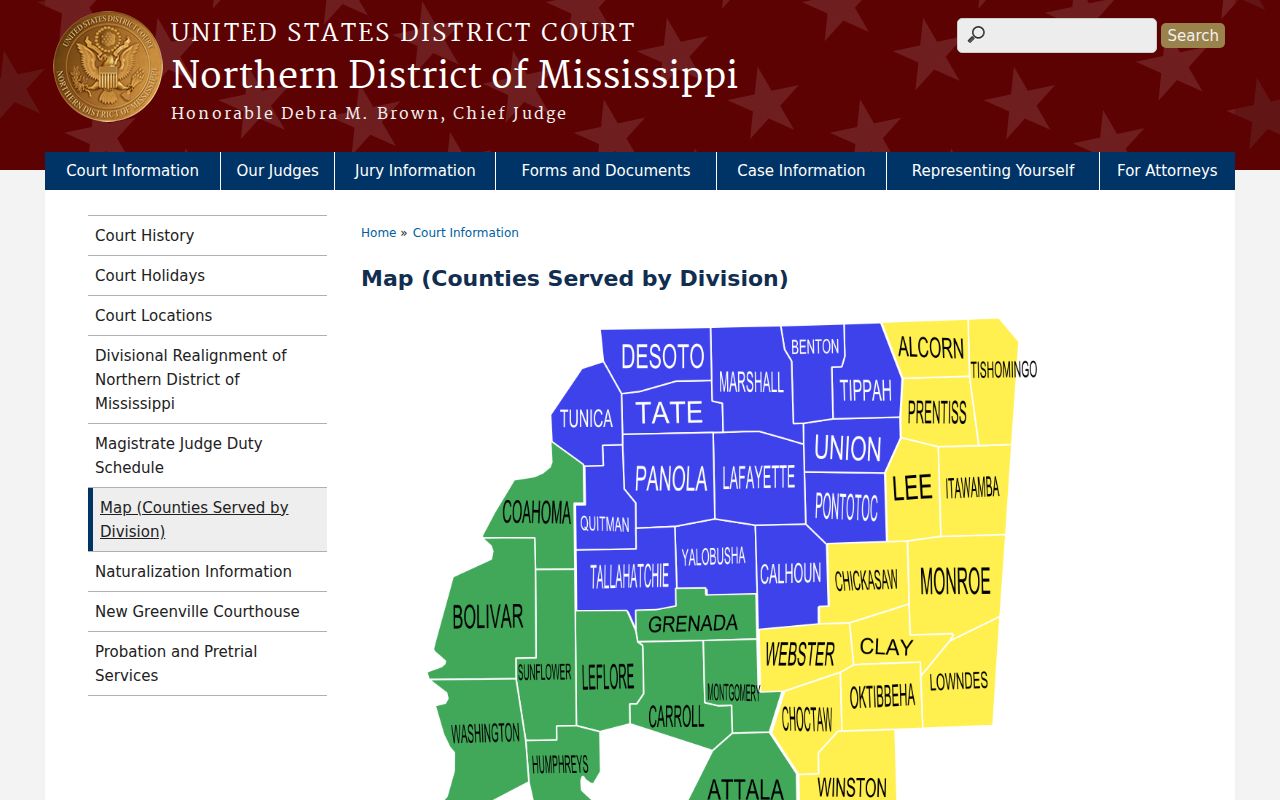 Official court map placing Webster County in the Aberdeen Division