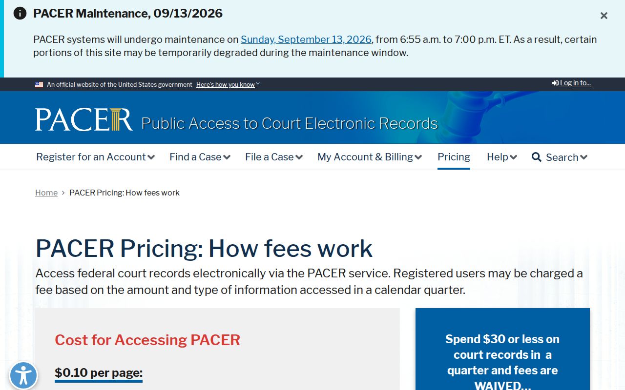 Official PACER fee information for separate federal court research